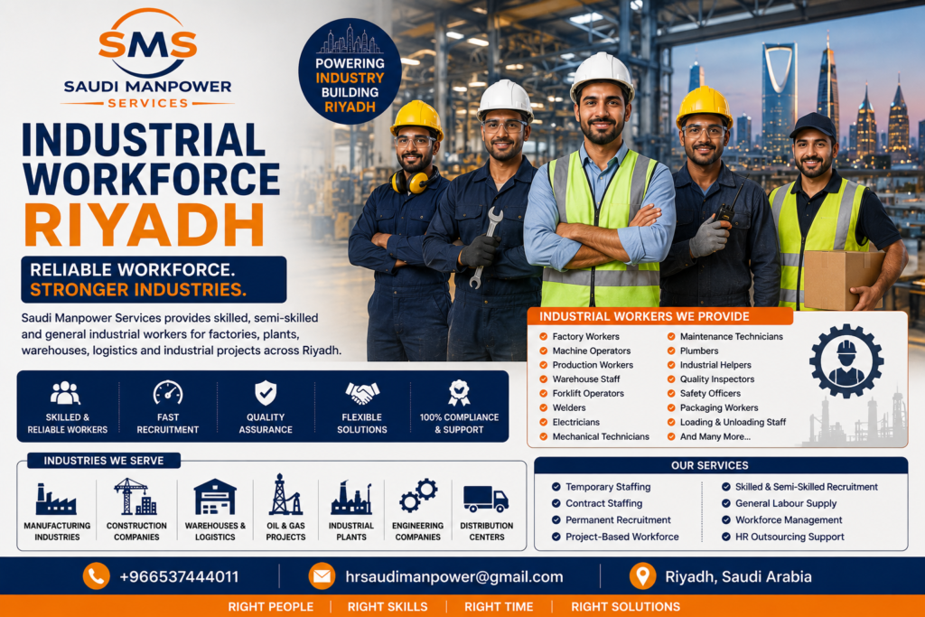 Industrial Workforce Riyadh by Saudi Manpower Services providing skilled industrial workers, factory staff, machine operators, technicians, warehouse professionals, and manufacturing manpower in Riyadh, Saudi Arabia.