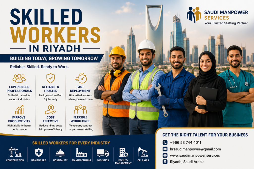 Skilled workers in Riyadh providing professional manpower, recruitment, and staffing solutions for construction, healthcare, logistics, hospitality, and industrial businesses in Saudi Arabia.