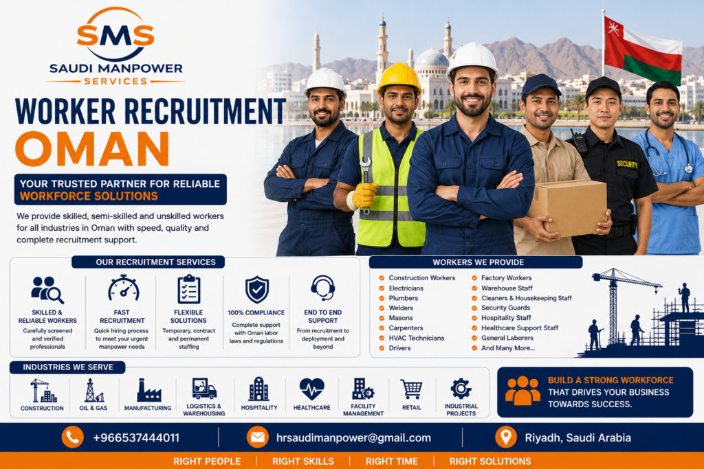 Worker Recruitment Oman by Saudi Manpower Services providing skilled, semi-skilled, and unskilled workers for construction, manufacturing, logistics, hospitality, healthcare, warehouse, and industrial sectors across Oman.
