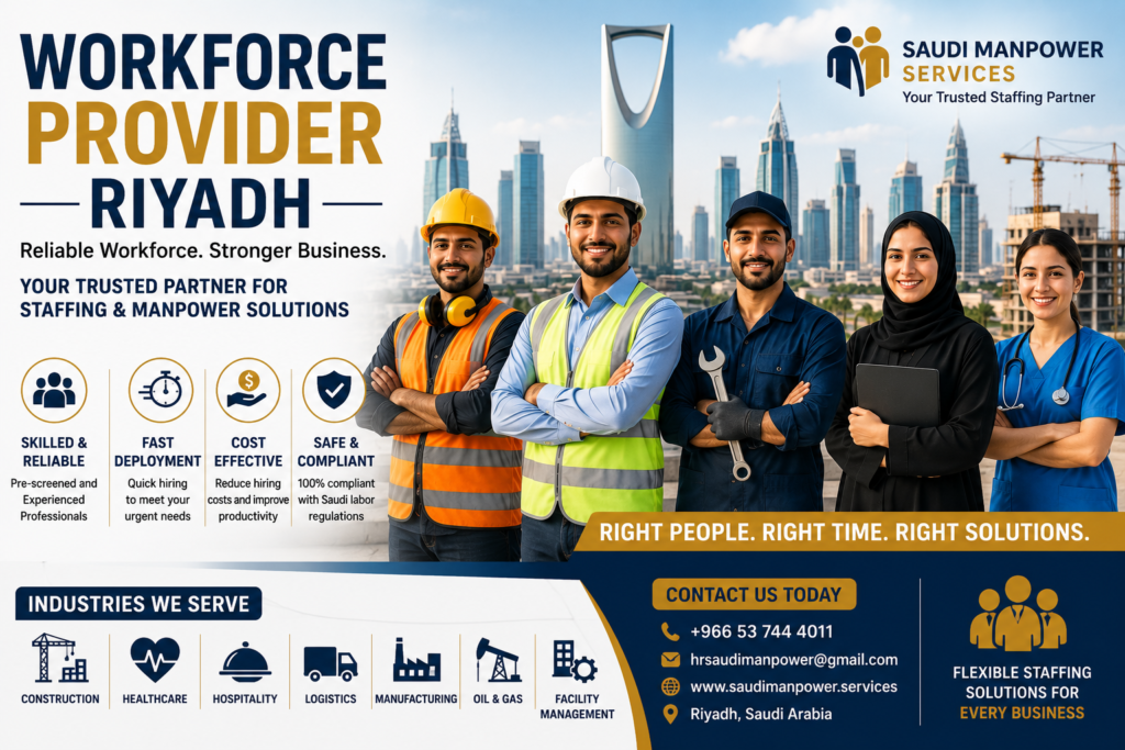 Workforce Provider Riyadh offering skilled manpower, staffing, recruitment, and workforce solutions for construction, healthcare, logistics, hospitality, manufacturing, and industrial businesses in Saudi Arabia.